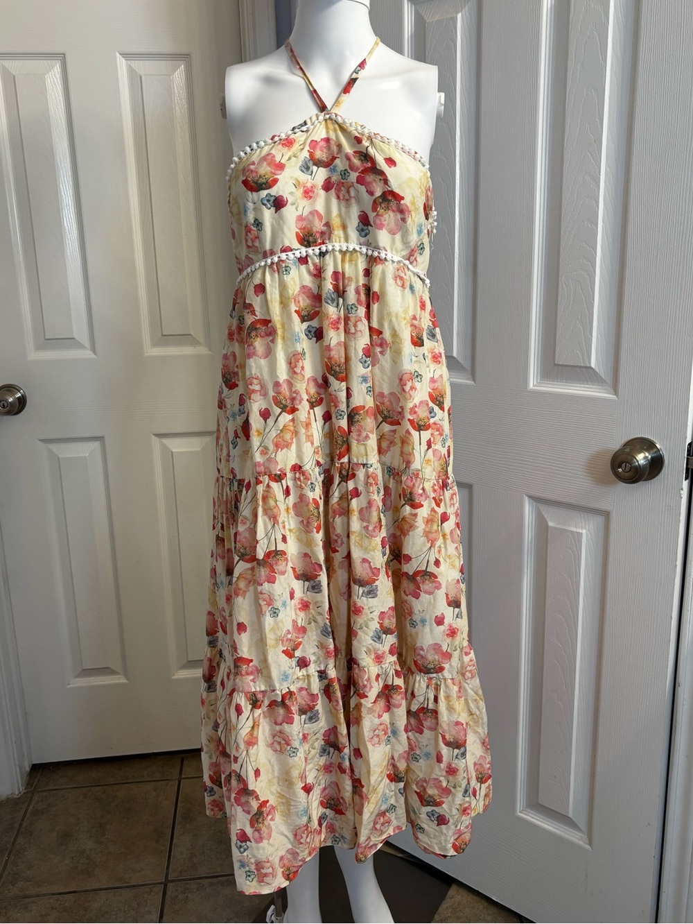 Athena Procopiou Floral Halter Midi Dress Sz 3 Large Cotton Silk Portugal